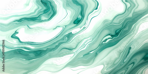 Abstract swirling emerald green and white paint flow artistic background. 