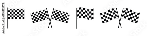 Racing checkered flag icon set. Finish line symbols for motorsport and speed competition. Vector illustrations of black and white sport flags for start, victory and automotive race events.