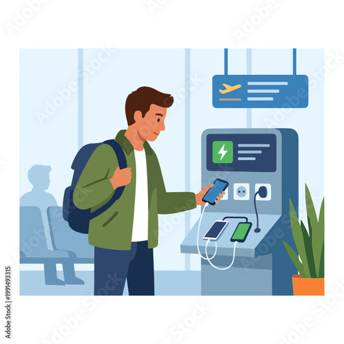 Man checks phone at airport charging station with backpack on