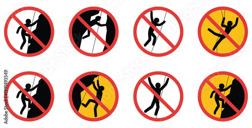 No Climbing Vector Icon, Prohibited Climbing Warning Sign With Crossed Human Figure On Structure In Clean Minimal Style, Safety Notice Symbol For Restricted Zones, Construction Areas, And Industrial