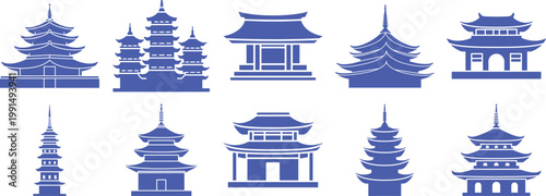 Collection of traditional asian architecture icons including pagodas and temples in blue tones Vector, illustration