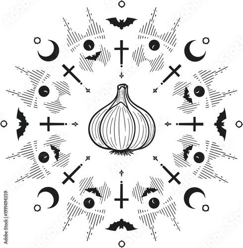 Garlic mandala with occult symbols, moon phases and crosses arranged in sacred geometric composition featuring mystical black line art design