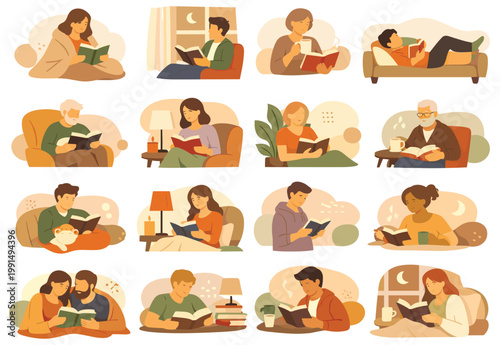 Diverse group of individuals reading books in comfortable indoor settings. Characters relaxing on sofas and beds with pets and tea. Warm aesthetic flat vector scene collection for storytelling.