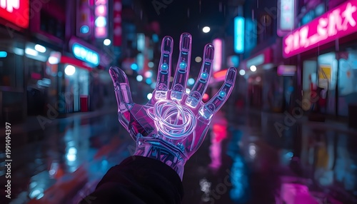Translucent Glass Robotic Hand with Internal Neon Wiring in City Night