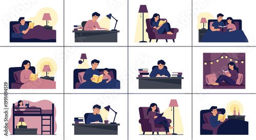 Characters reading books in cozy bedrooms and living rooms during night time. Domestic scenes with lamps bed furniture and desks showing education and bedtime storytelling for children habits.