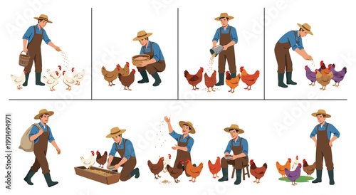 Illustration set of man wearing hat and overalls tending to poultry birds. Farmer scattered grain from bucket holding bag sitting and standing with hens. Agriculture rural life collection.