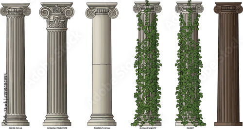 Architectural Classical Column Types Set with Greek Doric Roman Tuscan Composite and Ivy Covered Vector Illustration