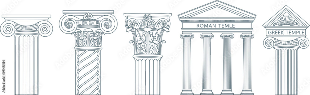 Fototapeta premium Ancient Greek and Roman Temple Column Architecture Set with Ionic Doric and Corinthian Style Vector Illustration