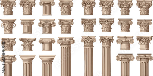 Detailed Ancient Classical Stone Column Capitals Collection with Ionic Corinthian and Doric Style Vector Illustration