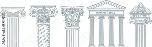 Ancient Greek and Roman Temple Column Architecture Set with Ionic Doric and Corinthian Style Vector Illustration