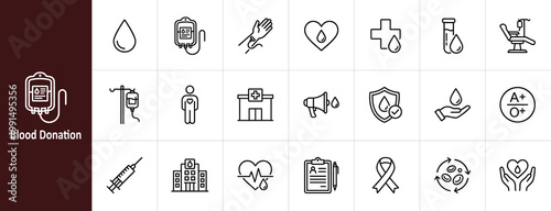 Blood Donation and Healthcare Line Icon Set - Minimalist Medical Transfusion, Hematology, and Charity Vector Illustrations