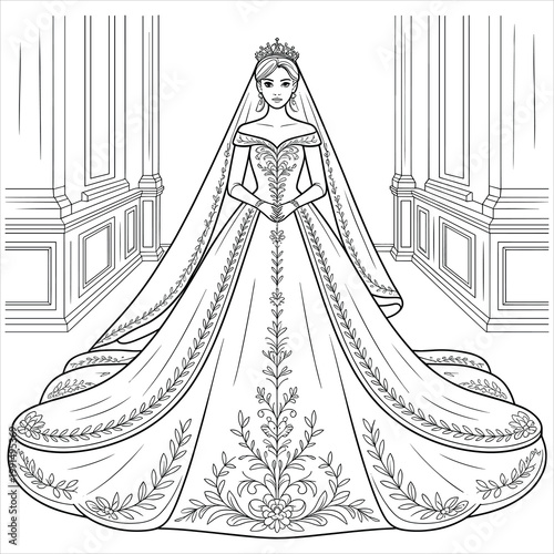 Coloring page of a bride in a ballgown with floral embroidery and veil