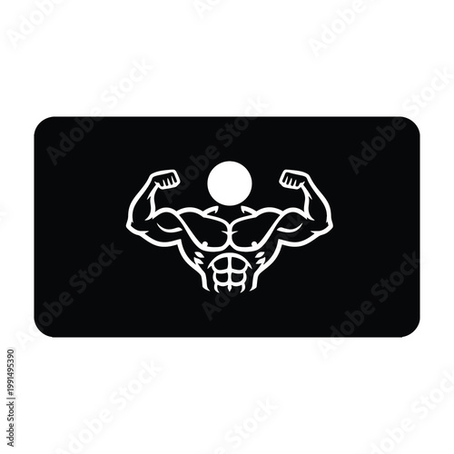 Muscular man flexing arms and chest on black background fitness symbol