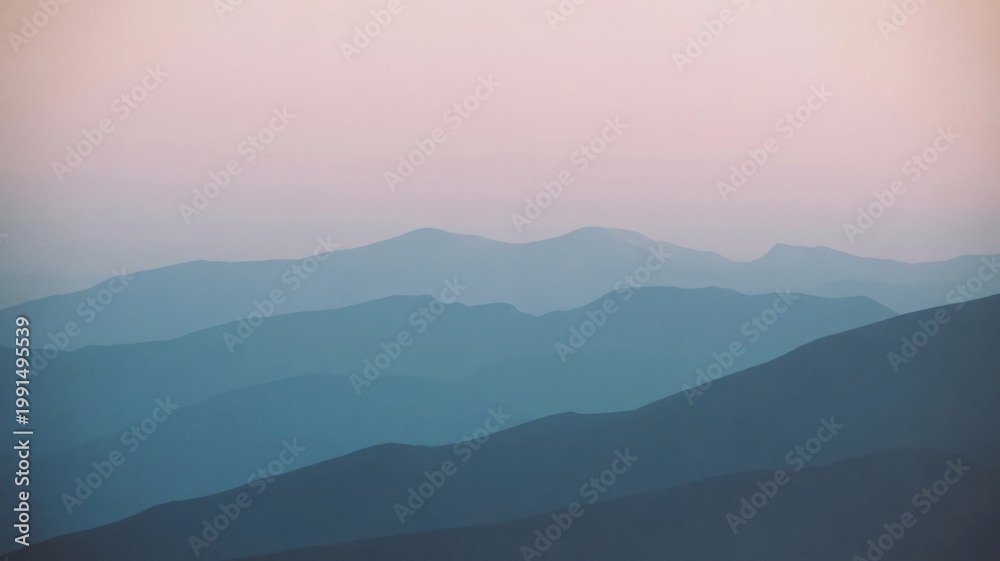 Naklejka premium Mountain range landscape, blue hills, sunrise scenery, natural beauty, serene view