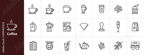 Coffee Culture and Barista Tools Line Icon Set - Minimalist Cafe, Brewing Equipment, and Specialty Coffee Vector Illustrations