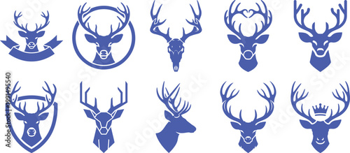 Collection of ten stylized purple deer and stag head icons for hunting logos and graphic design Vector, illustration