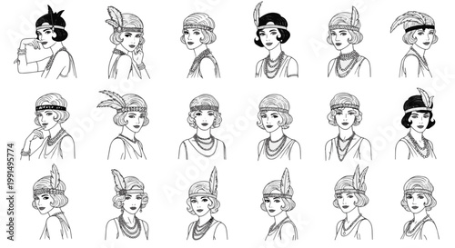 Collection of Retro Girl Portraits with Feathers and Pearls 1920s Style