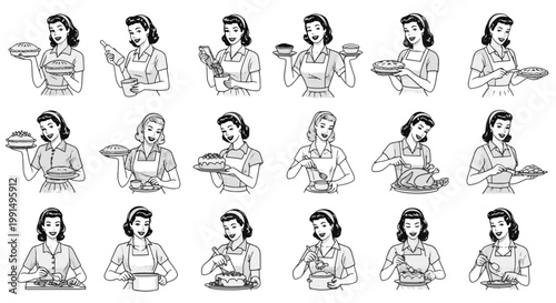 Retro Girl Cooking and Baking Collection Whimsical Vintage Housewife Scenes