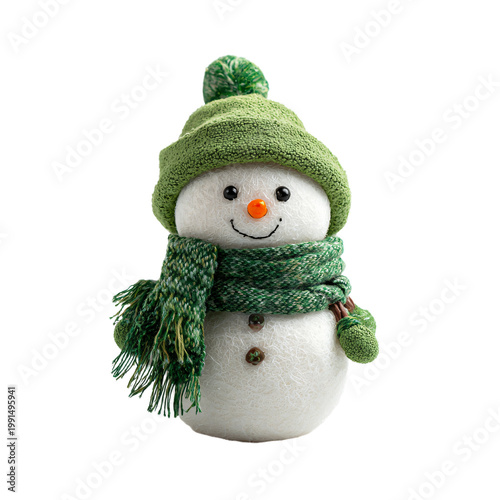 Фотография Professional Isolated Snowman Figurine Green Hat Scarf Ready for Winter