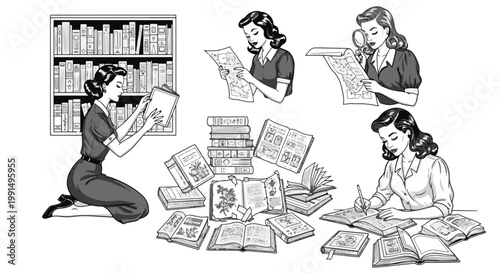 Retro Girl Engaged in Study and Recreation with Books and Maps