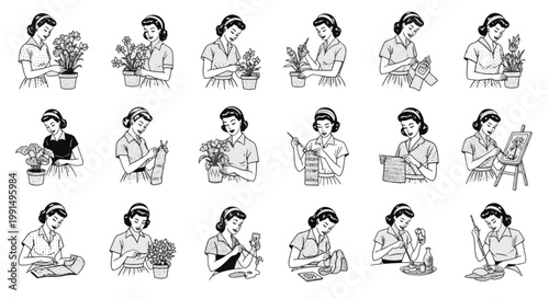 Retro Girl Engaged in Various Domestic Activities Featuring Gardening Knitting and Painting