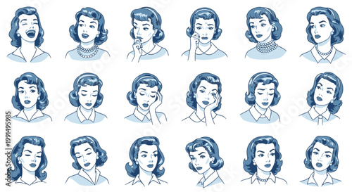 Retro Girl Expressions Collection Diverse Emotions and Poses of a Stylish Woman