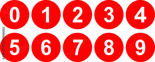 Red solid flat circle buttons with white numbers from zero to nine for digital presentation graphic elements