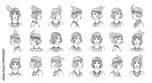 Set of Elegant 1920s Flapper Girls Wearing Beaded Headbands Pearl Necklaces and Feather Accessories Depicted from Various Angles