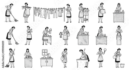 Set of Vintage Housewife Illustrations Depicting Various Domestic Chores Like Sweeping Ironing and Washing Dishes with Retro Girl
