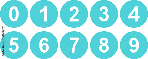Light blue cyan flat solid circular marks indicating numeric digits from zero to nine for digital design