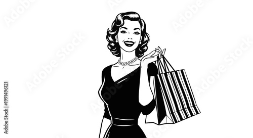 Smiling Retro Girl in Black Dress Holding Striped Shopping Bags