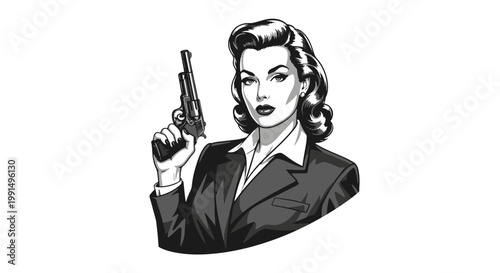 Stylized Retro Girl in a Suit Holding a Gun Confident and Mysterious