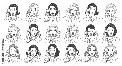 Surprised Retro Girl Talking on Vintage Telephone Expressing Shock and Amazement