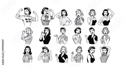 Vintage Retro Girl Empowered Poses Diverse Women Celebrating Strength and Independence