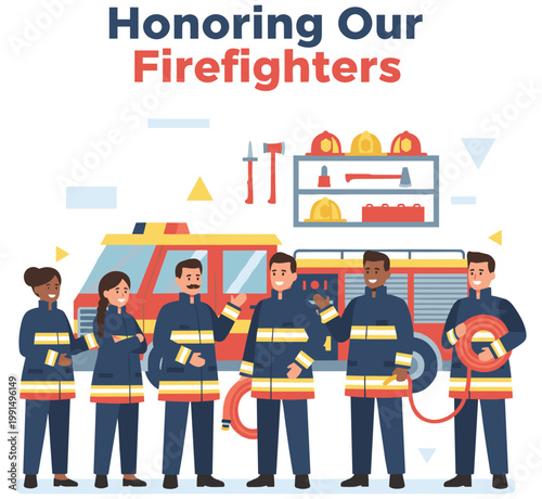 Firefighters honored for their service. Professional team in uniform standing with fire truck and equipment. Symbol of bravery and safety. Fire department heroes, rescue personnel.