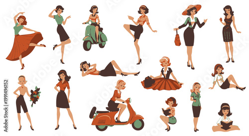 Charming Retro Girl Collection Dancing Riding Scooter Lounging and Reading Vintage Scenes