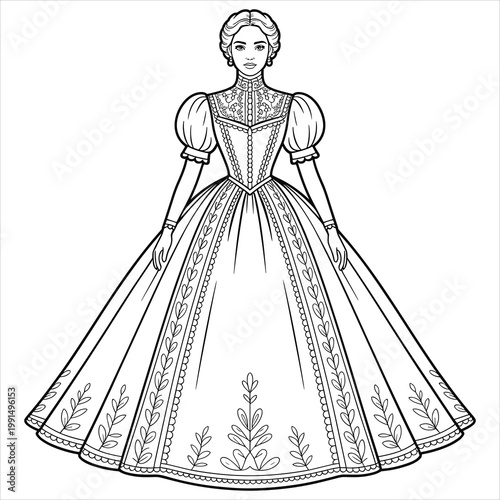 Coloring page of a woman in a victorian era ball gown with floral embroidery