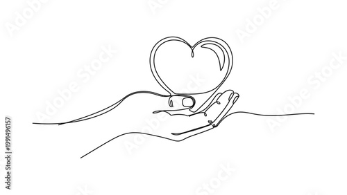 Continuous line drawing of a hand holding a heart symbol. Continuous line style. Hand drawn. Line art. Vector design. illustration