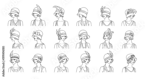 Collection of 16 Vintage Retro Girl Portraits with Cloche Hats
