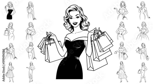 Chic Retro Girl with Shopping Bags Vintage Style Elegance