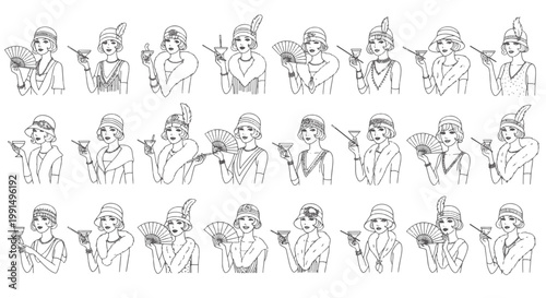 Collection of Diverse Retro Girls in 1920s Fashion Holding Fans and Drinks