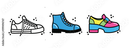 Sneaker Boot and Fashion Shoes Icon Set — Outline and Flat Design Vector Illustration Isolated