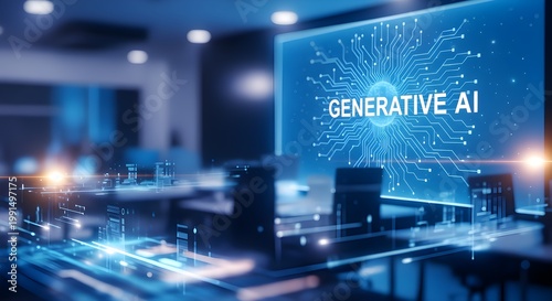 A futuristic conference room with a large screen displaying generative AI in a modern business setting