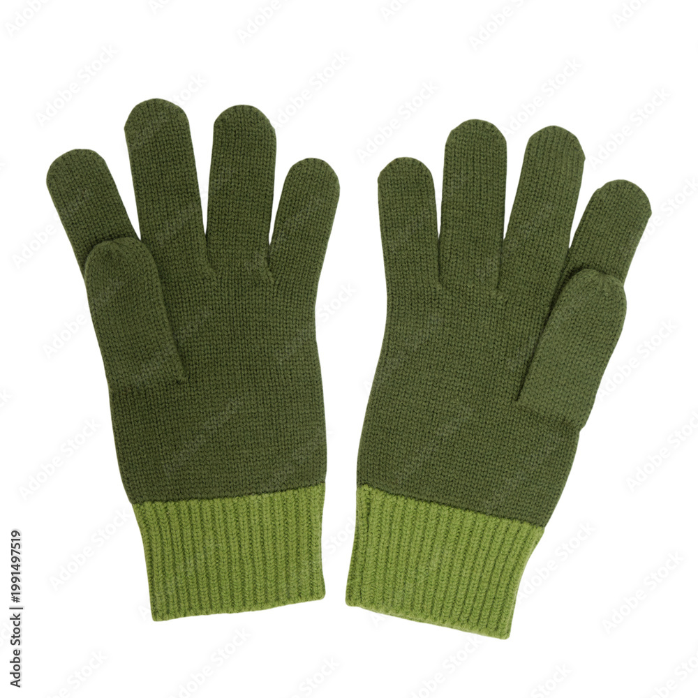 Fototapeta premium Pair of green woolen gloves isolated on transparent background. Knit winter accessory for warmth in cold weather. Comfortable clothing for autumn or Christmas season. Seasonal apparel style.