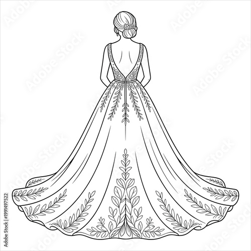 Line of a bride in a backless wedding dress with leaf embroidery