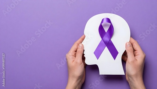 The purple ribbon signifies Migraine Awareness, promoting understanding and support for those suffering from headaches