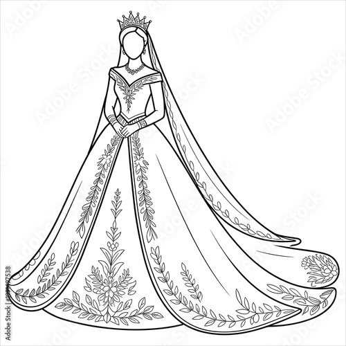 Line of a bride in a floral embroidered ball gown and crown