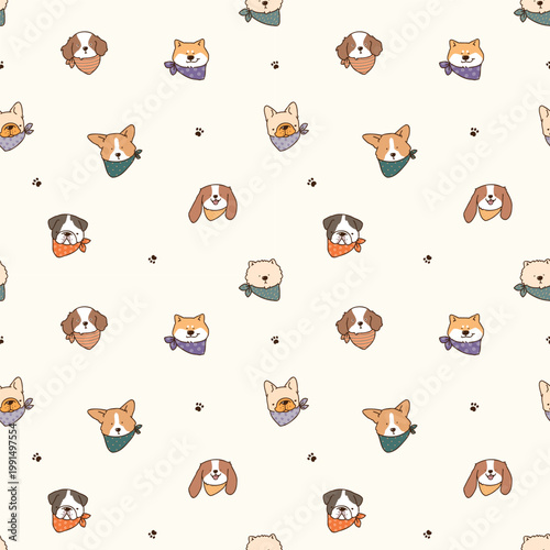 Seamless Pattern with Cute Cartoon Dog Face Design on Light Yellow Background. Hand Drawn Vector Illustration. 