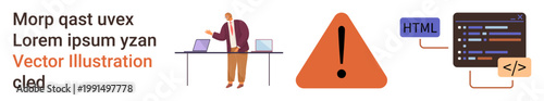 Technology troubleshooting, errors in coding, programming, website development, digital risk management, debugging. A warning exclamation icon, HTML code and a person at a workstation. Technology