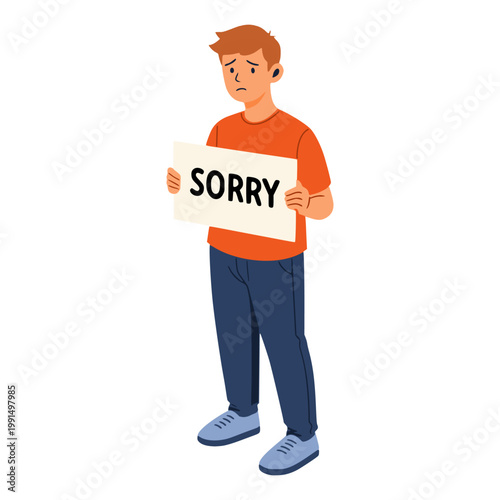 man holding paper with sorry text forgiveness empathy emotion national sorry day flat color vector illustration template design